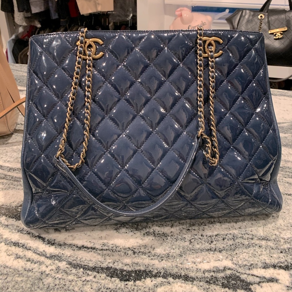 Chanel Eyelet Tote Quilted Patent Tote Bag Blue